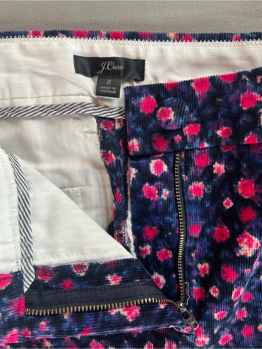 J Crew Floral Corduroy Straight Leg Pants Navy Pink Print Size 2